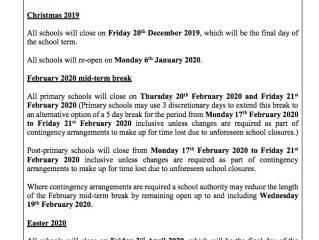 Calendario escolar en Irlanda 2019 2020
